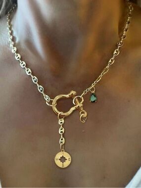 Western Horseshoe Necklace Gold Compass Charm Necklace with Emerald Teardrop